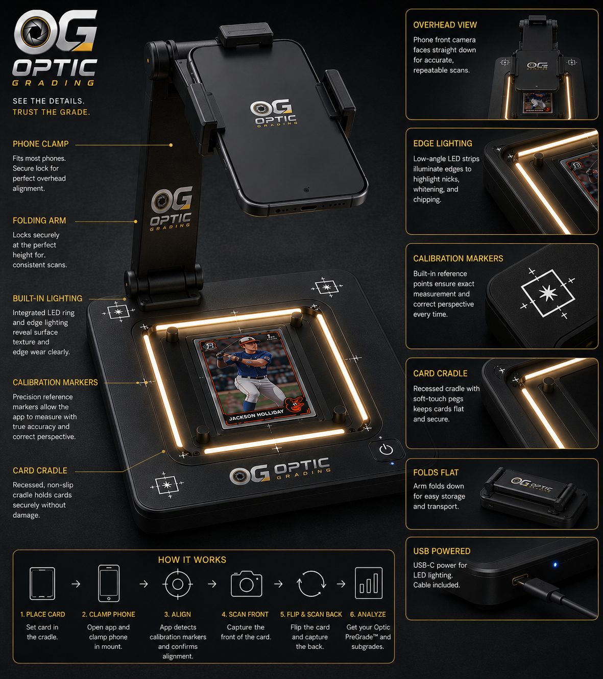 Optic Grading pre-grading station with phone mount, LED lighting, and card cradle